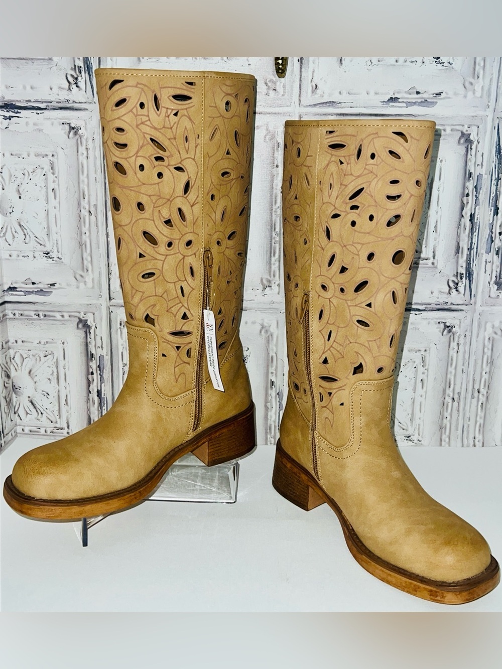 NWT New York & Company Curtis Camel Cutout chunky heel Tall Boots Sz 7.5 Campus - Picture 5 of 16